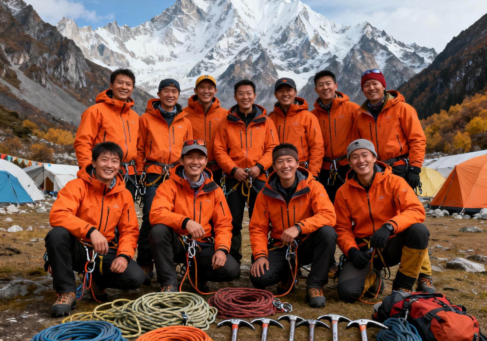 米兰milan核心教练团队在四姑娘山大本营合影，背景是海拔6250米的幺妹峰，队员们身着统一橙色冲锋衣，面带笑容，身前摆放着绳索、冰镐等专业装备，拍摄于2024年秋季集训期间