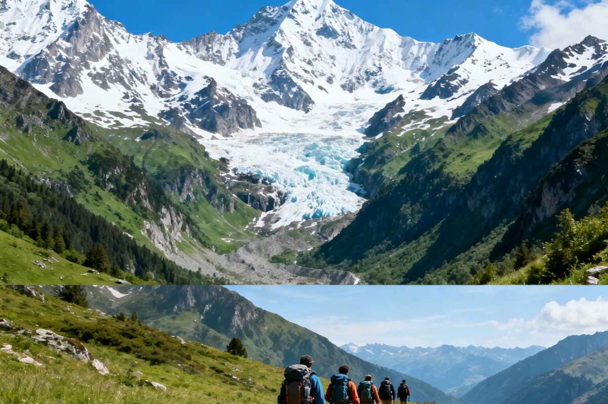 2025年春季探险季海报，画面上半部分是雪山融化后露出青翠山谷的景象，下半部分是徒步队伍背着行囊走向远方的小径