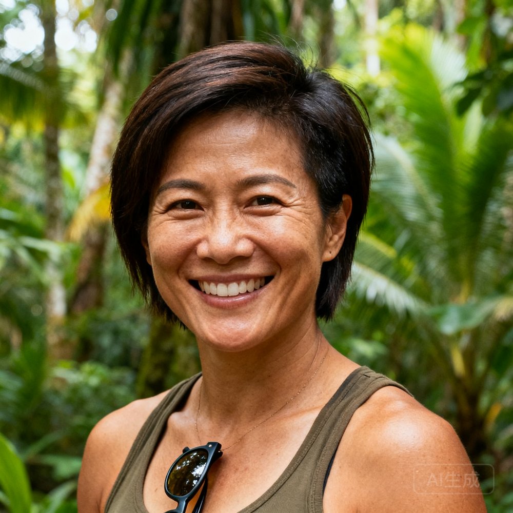 李娜教练肖像照，38岁，短发干练的女探险家，笑容温暖自信，戴着太阳镜挂在胸前，背景是热带雨林的绿色植被